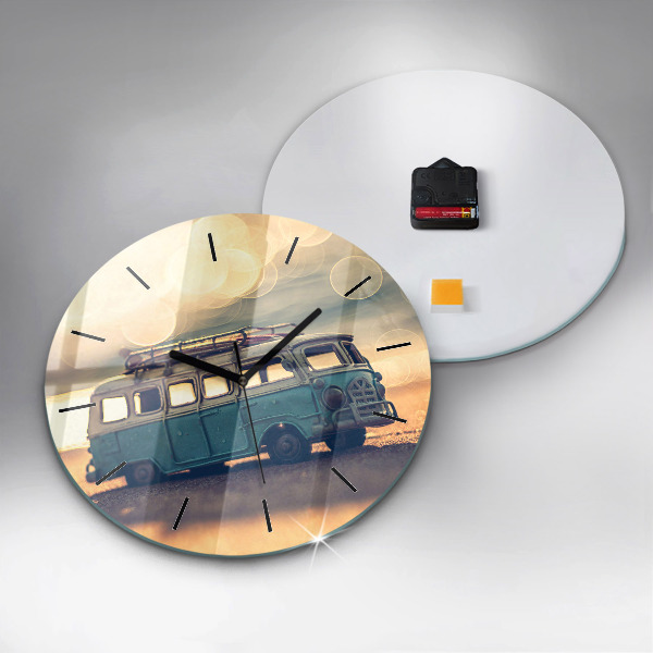 Wanduhr glas rund Camper am Strand