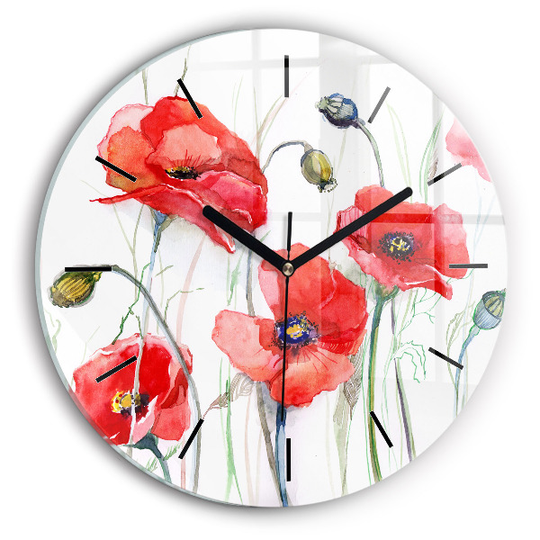 Wanduhr glas rund Gemalte rote Mohnblumen