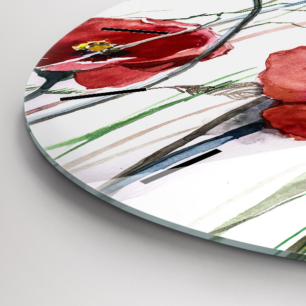 Wanduhr glas rund Gemalte rote Mohnblumen