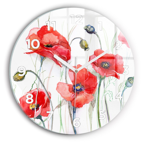 Wanduhr glas rund Gemalte rote Mohnblumen