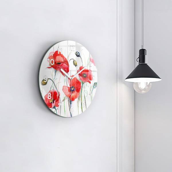 Wanduhr glas rund Gemalte rote Mohnblumen