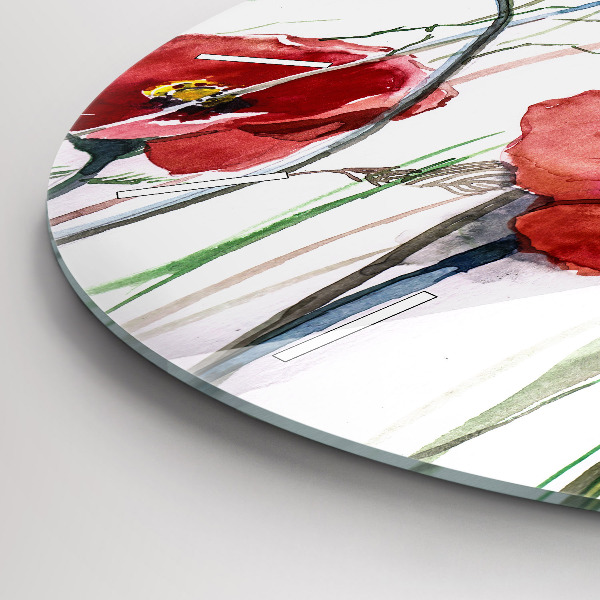 Wanduhr glas rund Gemalte rote Mohnblumen