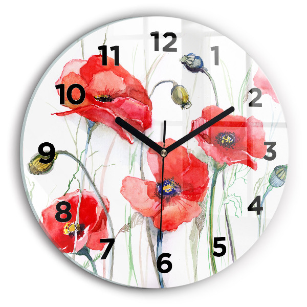 Wanduhr glas rund Gemalte rote Mohnblumen