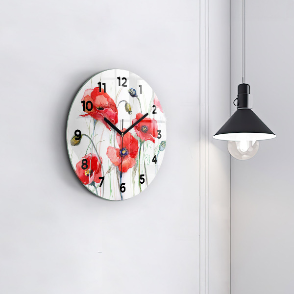 Wanduhr glas rund Gemalte rote Mohnblumen
