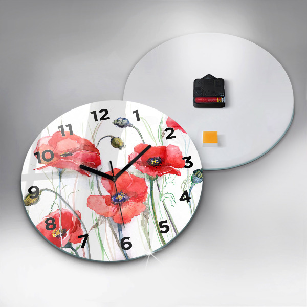 Wanduhr glas rund Gemalte rote Mohnblumen