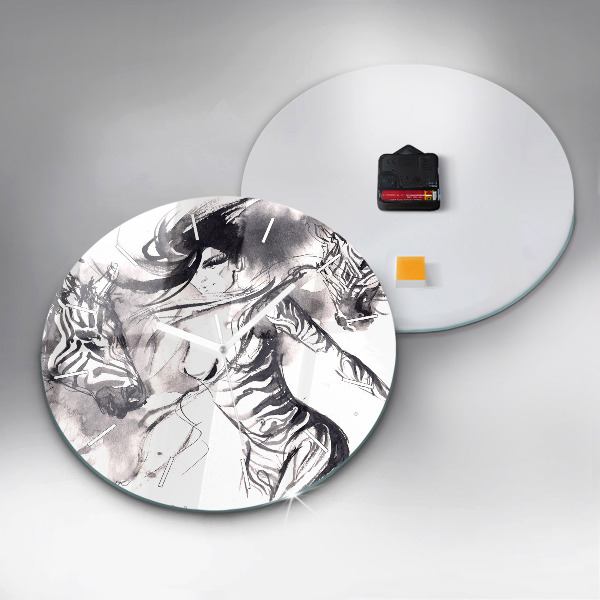 Wanduhr rund Frau und Zebras