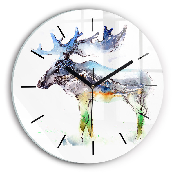 Wanduhr glas rund Elch und Berglandschaft
