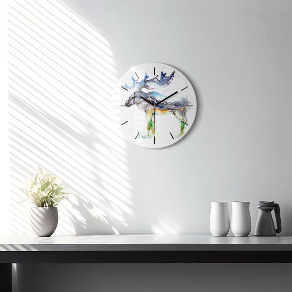 Wanduhr glas rund Elch und Berglandschaft