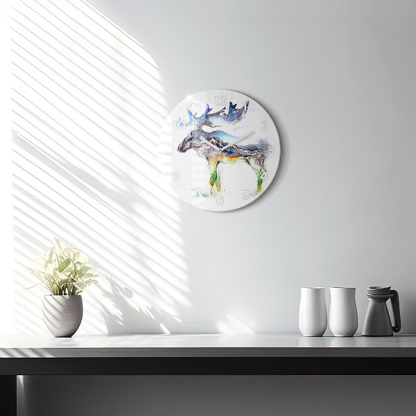 Wanduhr glas rund Elch und Berglandschaft