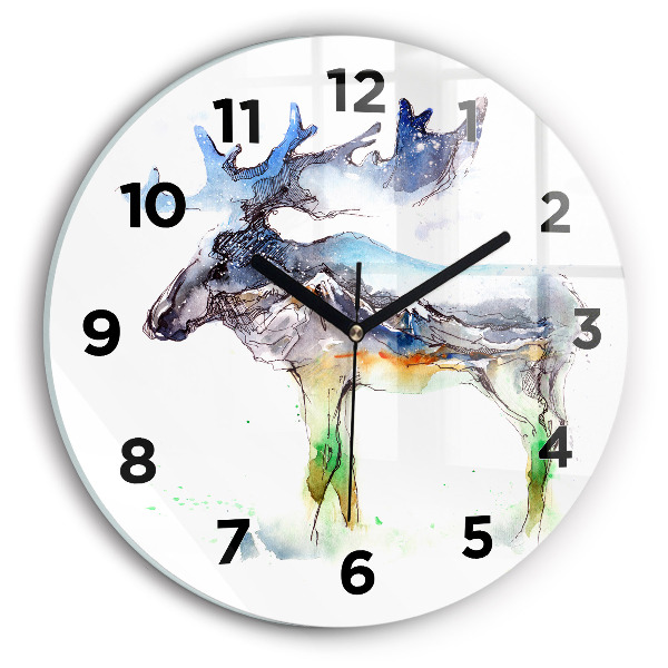 Wanduhr glas rund Elch und Berglandschaft