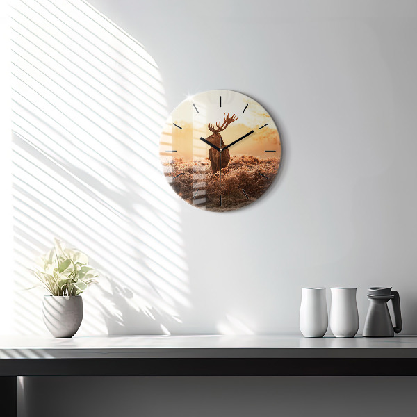Wanduhr glas rund Hirsche bei Sonnenaufgang