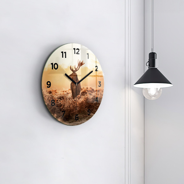 Wanduhr glas rund Hirsche bei Sonnenaufgang