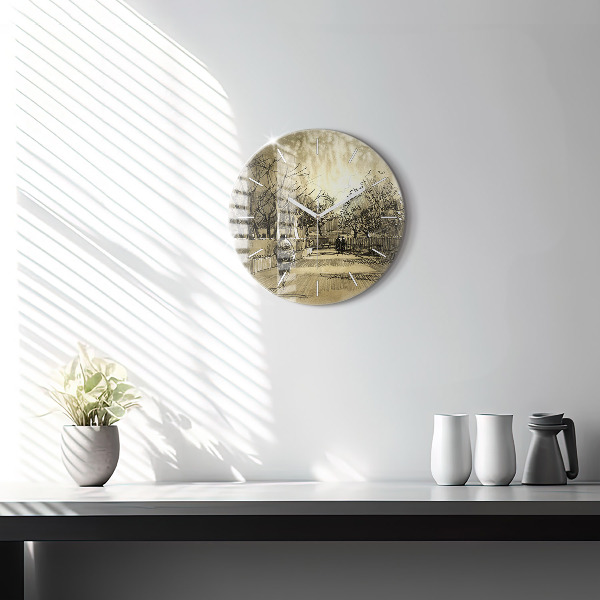 Wanduhr glas rund Park und Bäume in Sepia