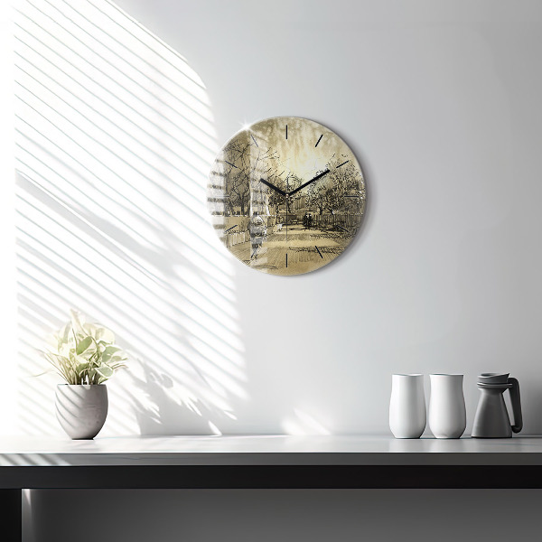 Wanduhr glas rund Park und Bäume in Sepia