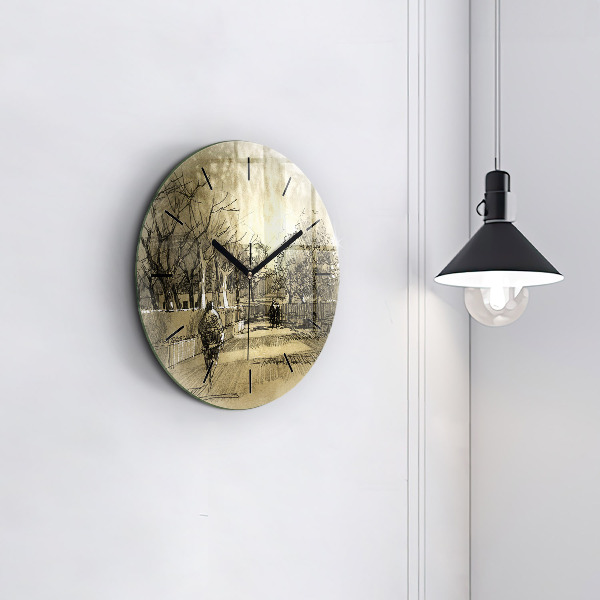 Wanduhr glas rund Park und Bäume in Sepia