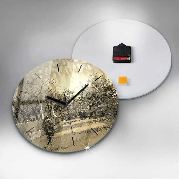 Wanduhr glas rund Park und Bäume in Sepia