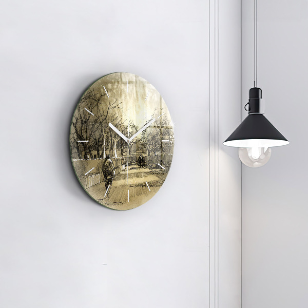 Wanduhr glas rund Park und Bäume in Sepia