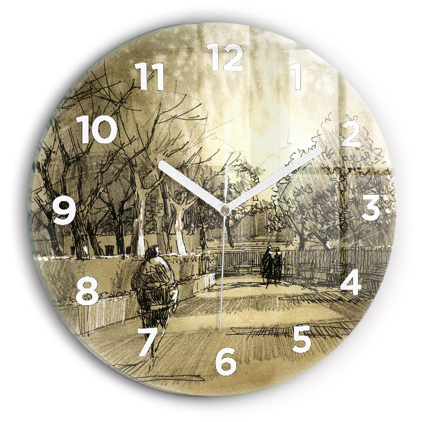 Wanduhr glas rund Park und Bäume in Sepia