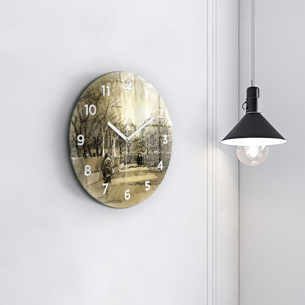 Wanduhr glas rund Park und Bäume in Sepia