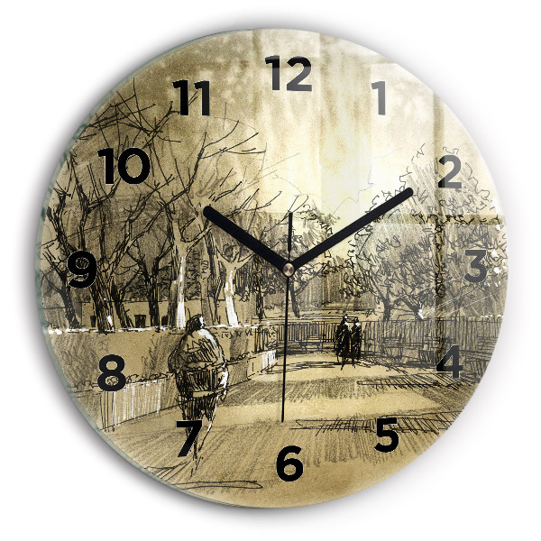 Wanduhr glas rund Park und Bäume in Sepia