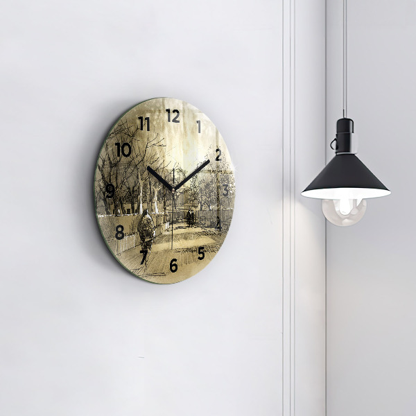 Wanduhr glas rund Park und Bäume in Sepia