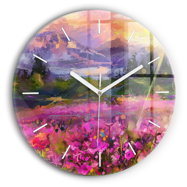 Wanduhr rund Landschaft aus Natur und Blumen