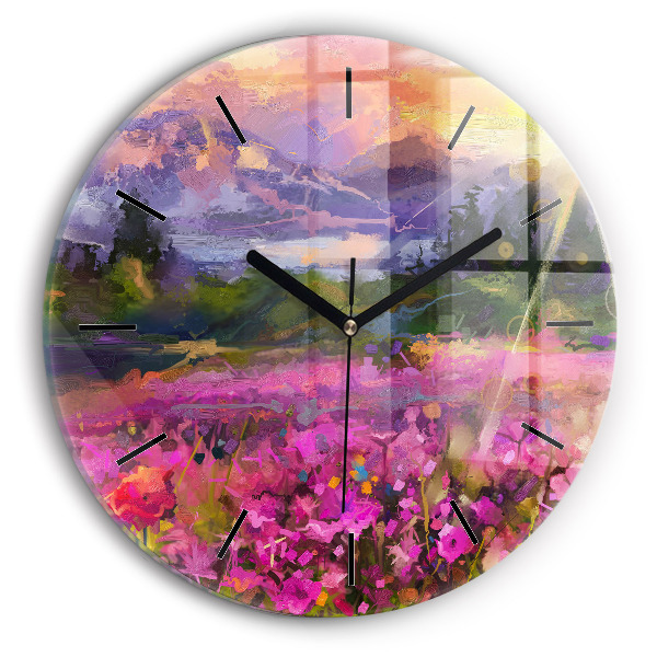 Wanduhr rund Landschaft aus Natur und Blumen