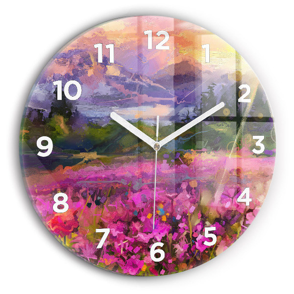 Wanduhr rund Landschaft aus Natur und Blumen