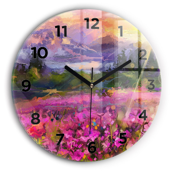 Wanduhr rund Landschaft aus Natur und Blumen