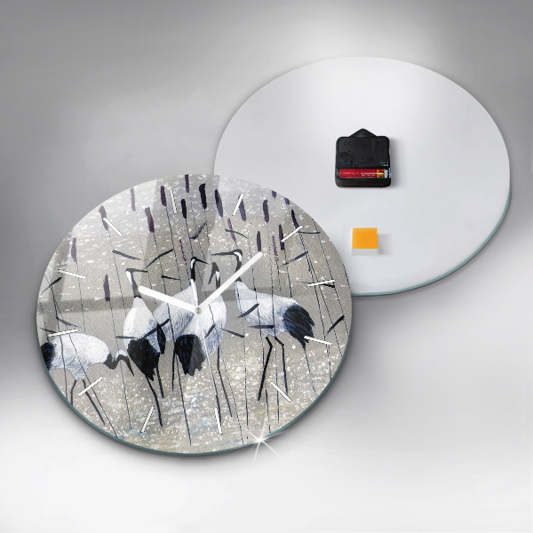 Wanduhr glas rund Kraniche im Schilf