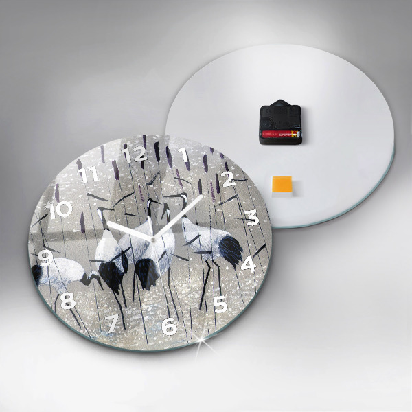 Wanduhr glas rund Kraniche im Schilf