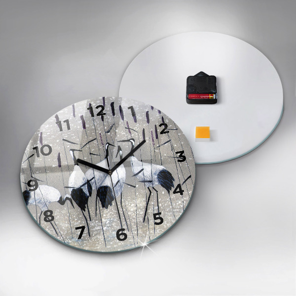 Wanduhr glas rund Kraniche im Schilf