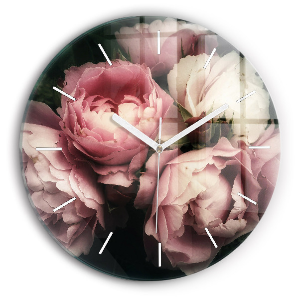 Wanduhr glas rund Blumenstrauß aus rosa Rosen