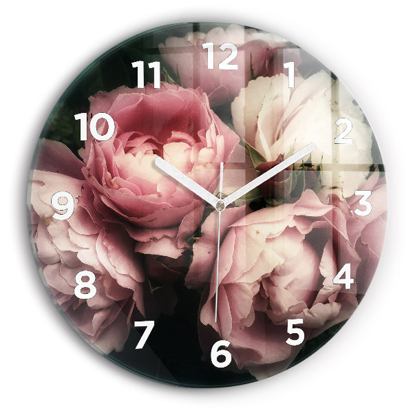 Wanduhr glas rund Blumenstrauß aus rosa Rosen