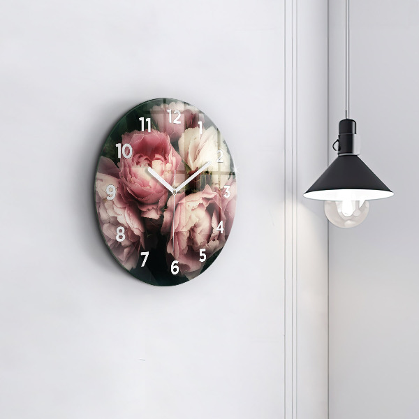Wanduhr glas rund Blumenstrauß aus rosa Rosen