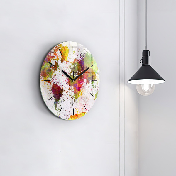 Wanduhr glas rund Aquarellierte Weltkarte