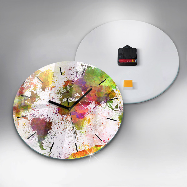 Wanduhr glas rund Aquarellierte Weltkarte