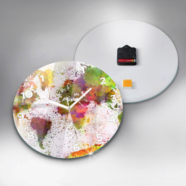 Wanduhr glas rund Aquarellierte Weltkarte