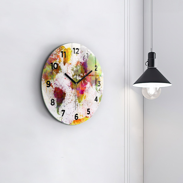Wanduhr glas rund Aquarellierte Weltkarte