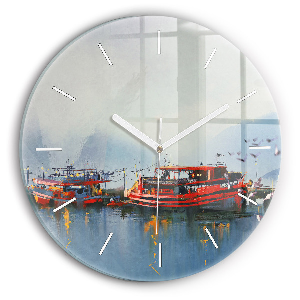 Wanduhr rund mit motiv Fischerboot im Hafen