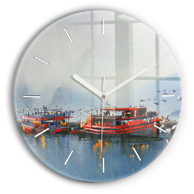 Wanduhr rund mit motiv Fischerboot im Hafen