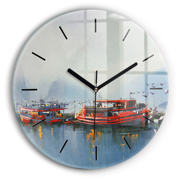 Wanduhr rund mit motiv Fischerboot im Hafen