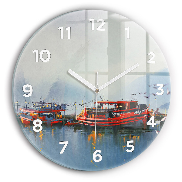 Wanduhr rund mit motiv Fischerboot im Hafen