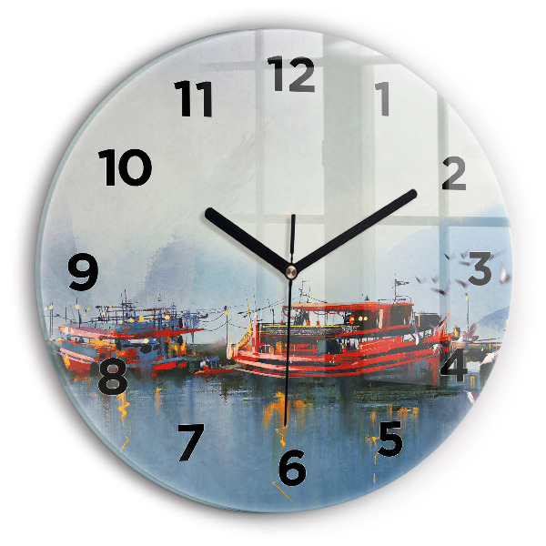 Wanduhr rund mit motiv Fischerboot im Hafen