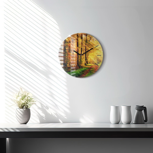 Wanduhr glas rund Herbstliche Waldlandschaft