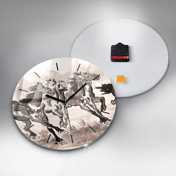 Wanduhr glas rund Galoppierende Pferde
