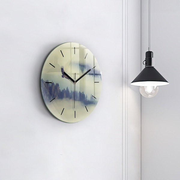 Wanduhr glas rund Nebliger Wald Adler