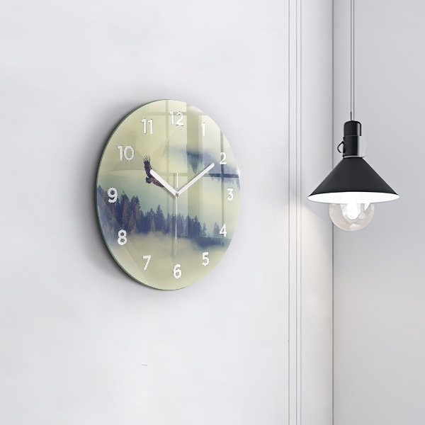 Wanduhr glas rund Nebliger Wald Adler