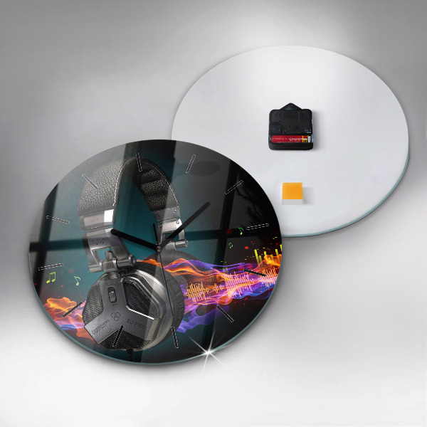 Wanduhr glas rund Kopfhörer und Schallwellen