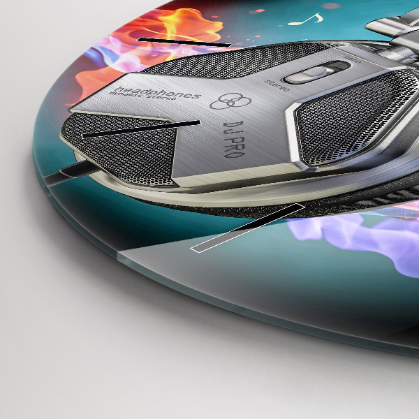 Wanduhr glas rund Kopfhörer und Schallwellen